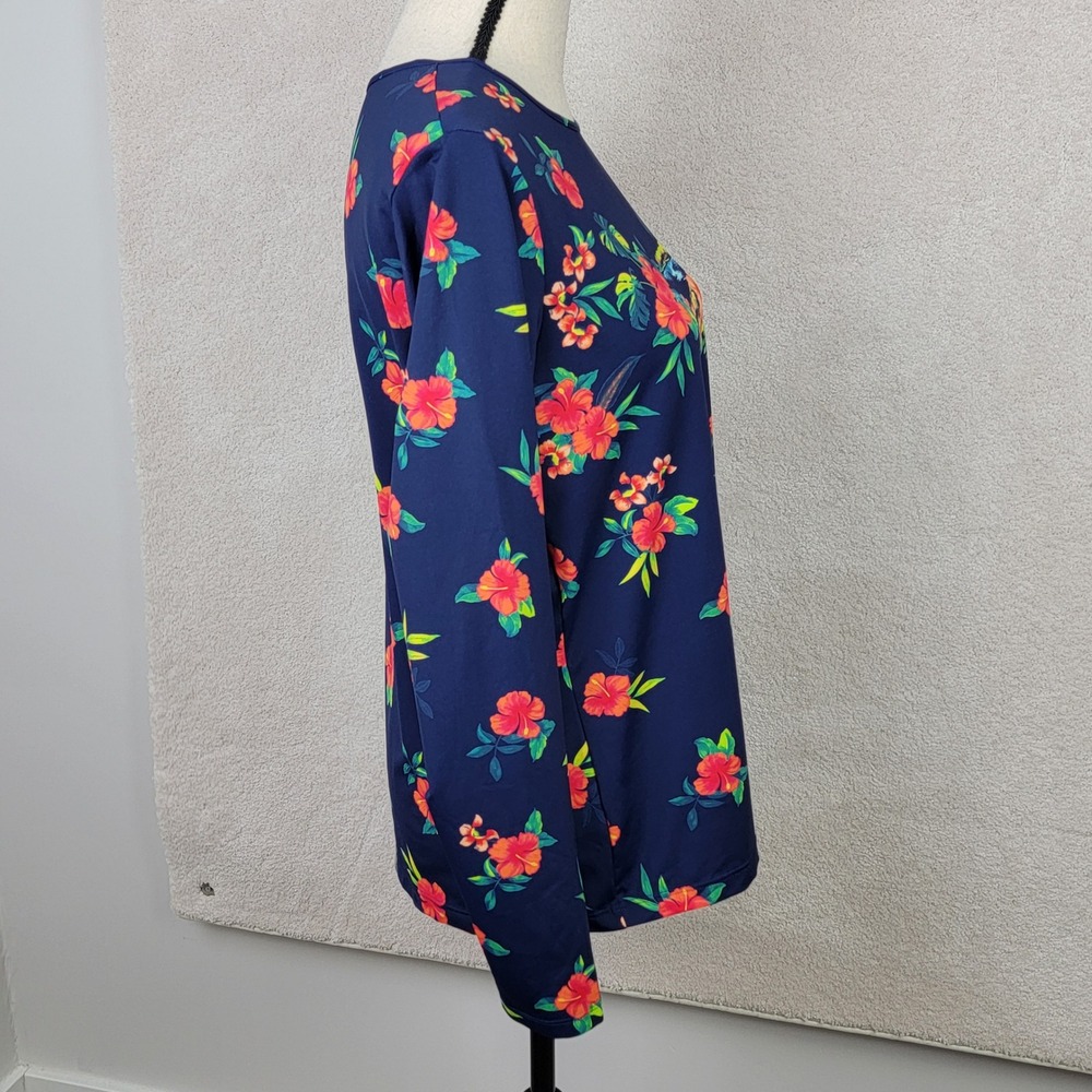 Lands' End Women's L 14-16 Navy Blue Tropical Hibiscus UPF 50+ Rash Guard Top - Picture 5 of 11